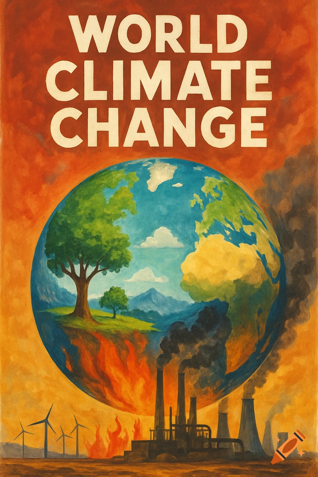 Poster illustration of Earth with a green side and a fiery industrial side, text says WORLD CLIMATE CHANGE.