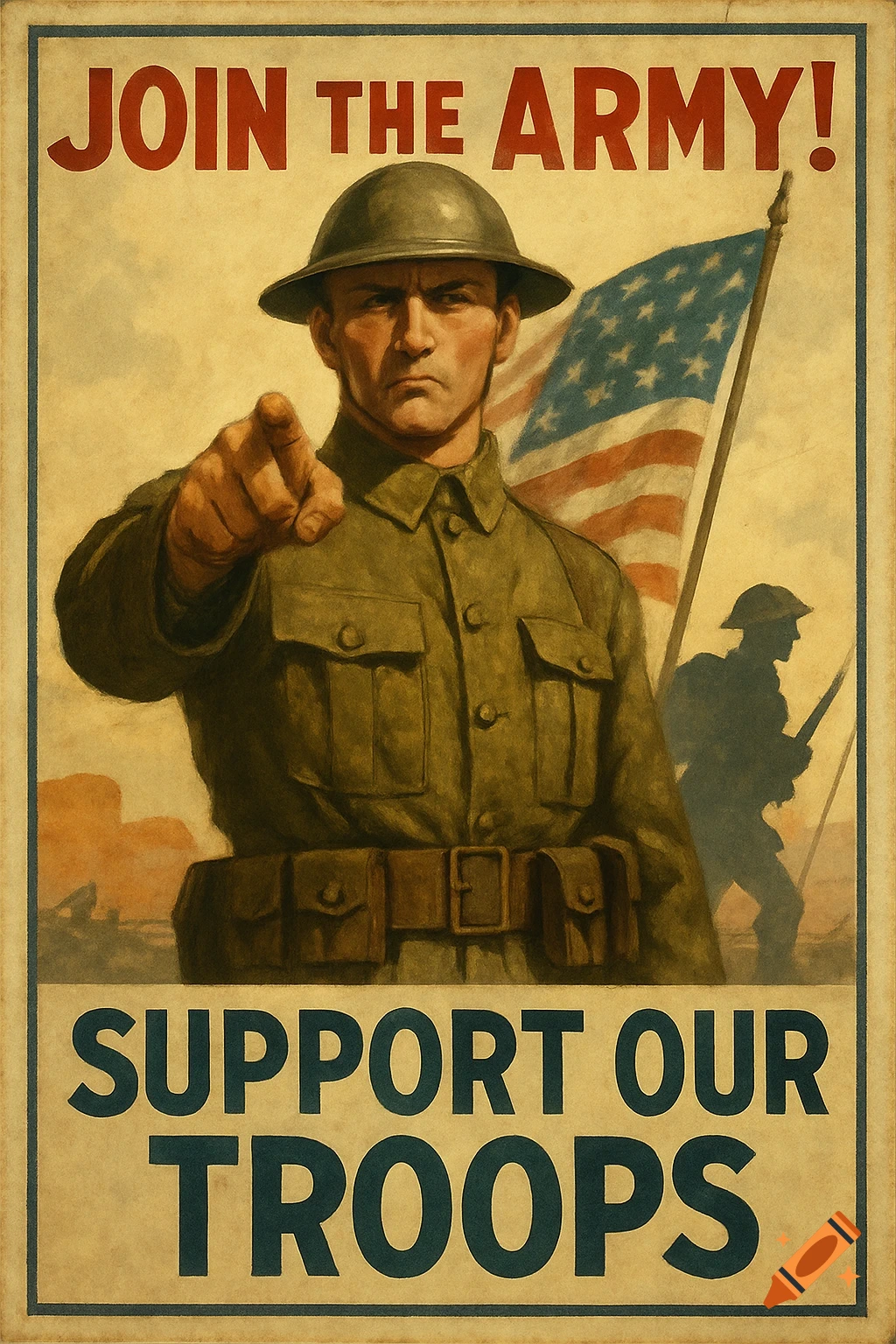 Vintage propaganda poster with a soldier pointing, American flag, and ...