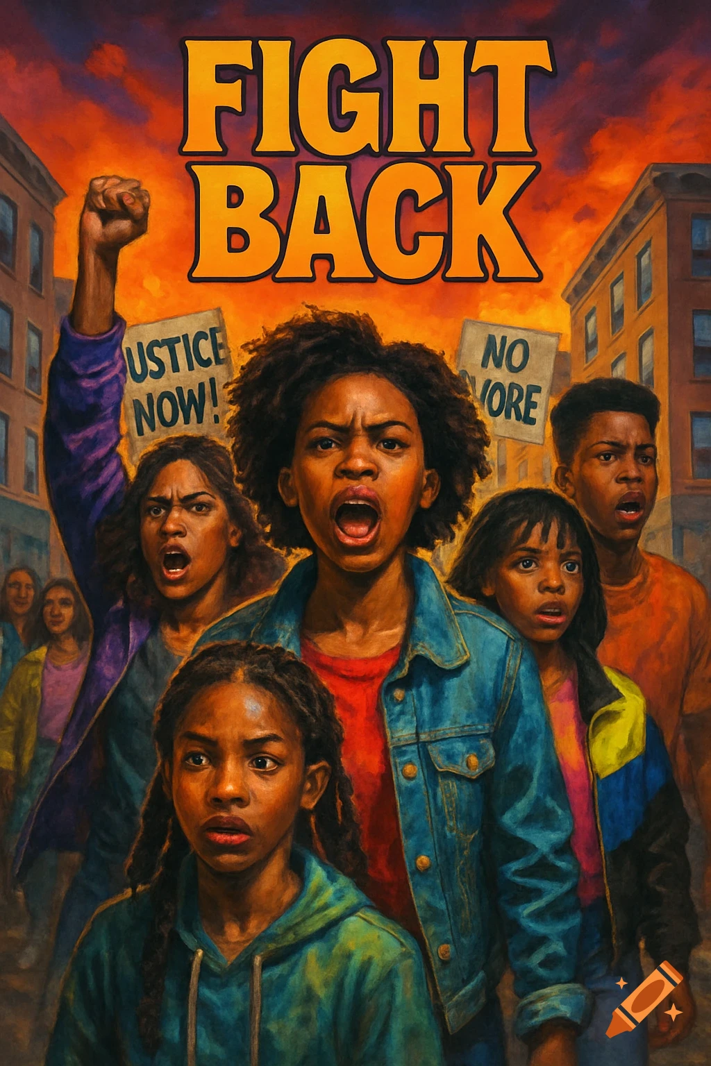 A group of teenagers are shown in a protest scene with buildings behind them and a fiery sky above. One raises a fist, and signs say "JUSTICE NOW!". Large text reads "FIGHT BACK". The style is like a painted film poster.