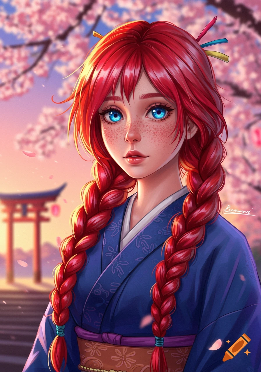 Anime illustration of a Japanese girl with red braided hair and blue eyes wearing a blue kimono near cherry blossoms and a torii gate.