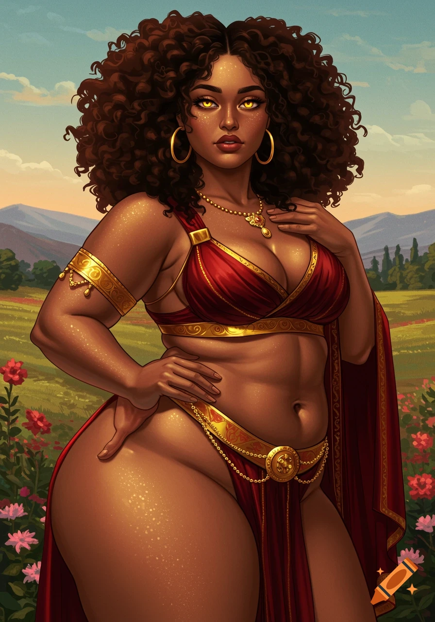 Painting of a dark-skinned goddess in red and gold clothing in a field.