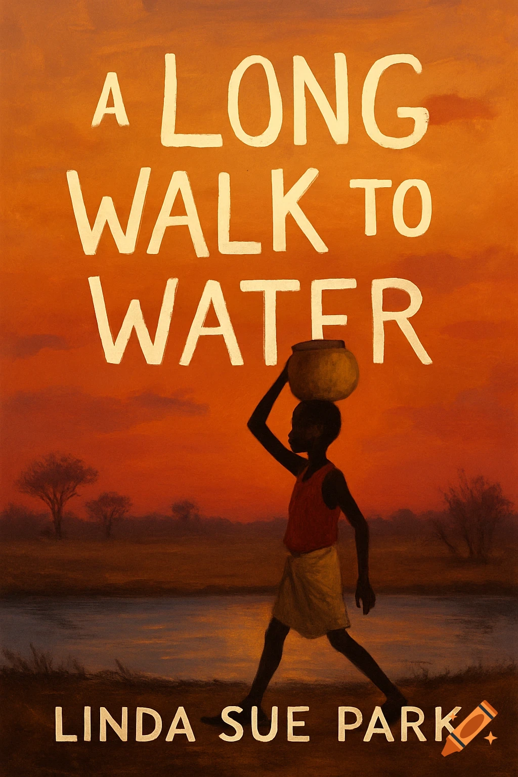 Book cover for A Long Walk to Water by Linda Sue Park, featuring a silhouette of a child carrying a pot on their head at sunset.
