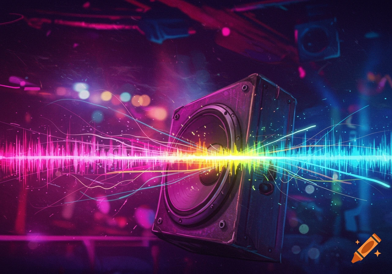 A club speaker emitting bright, colorful sound waves in a dark, vibrant setting.