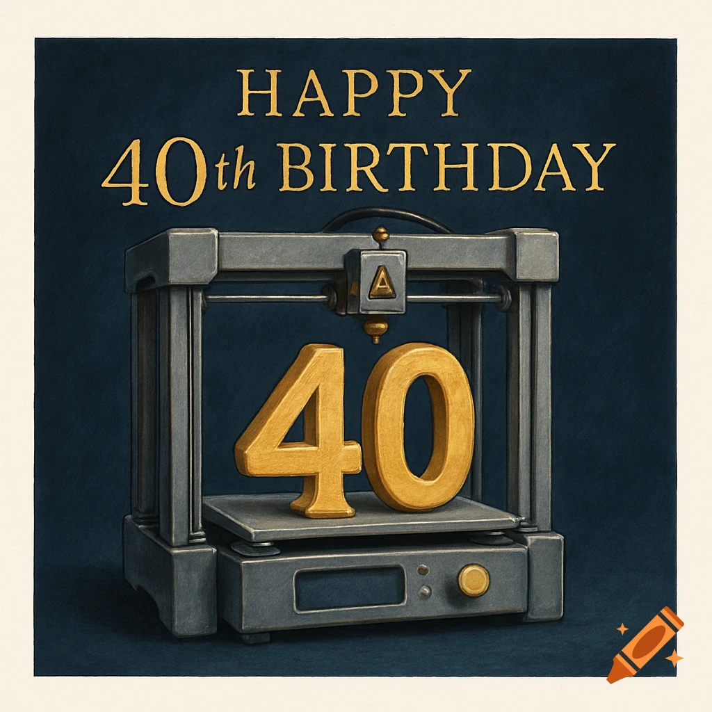 Happy 40th Birthday card with a 3D printer creating the number 40.