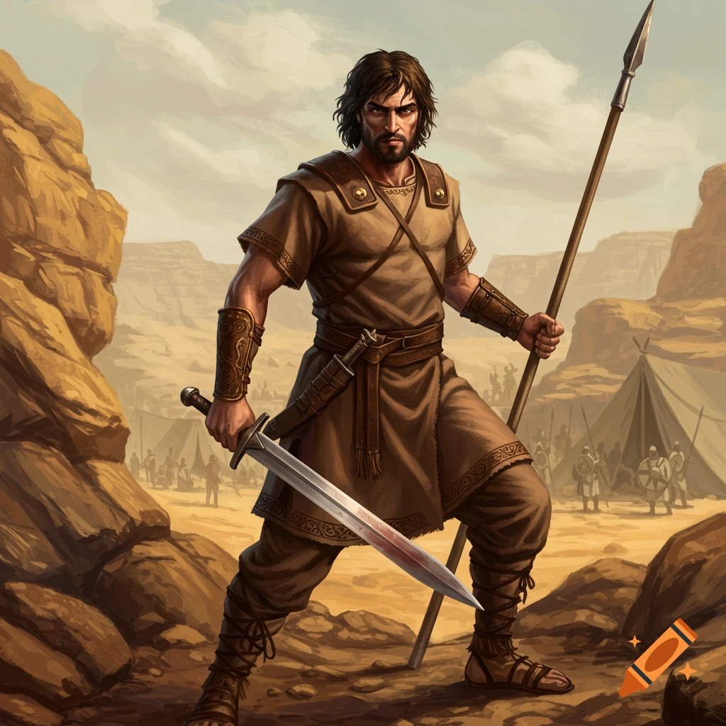 A warrior in ancient clothing stands in a desert camp, holding a bloody sword and a spear.