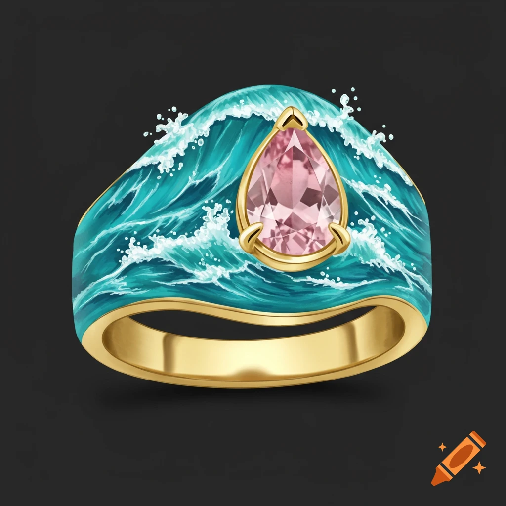 Gold ring with turquoise waves and a pink teardrop gemstone