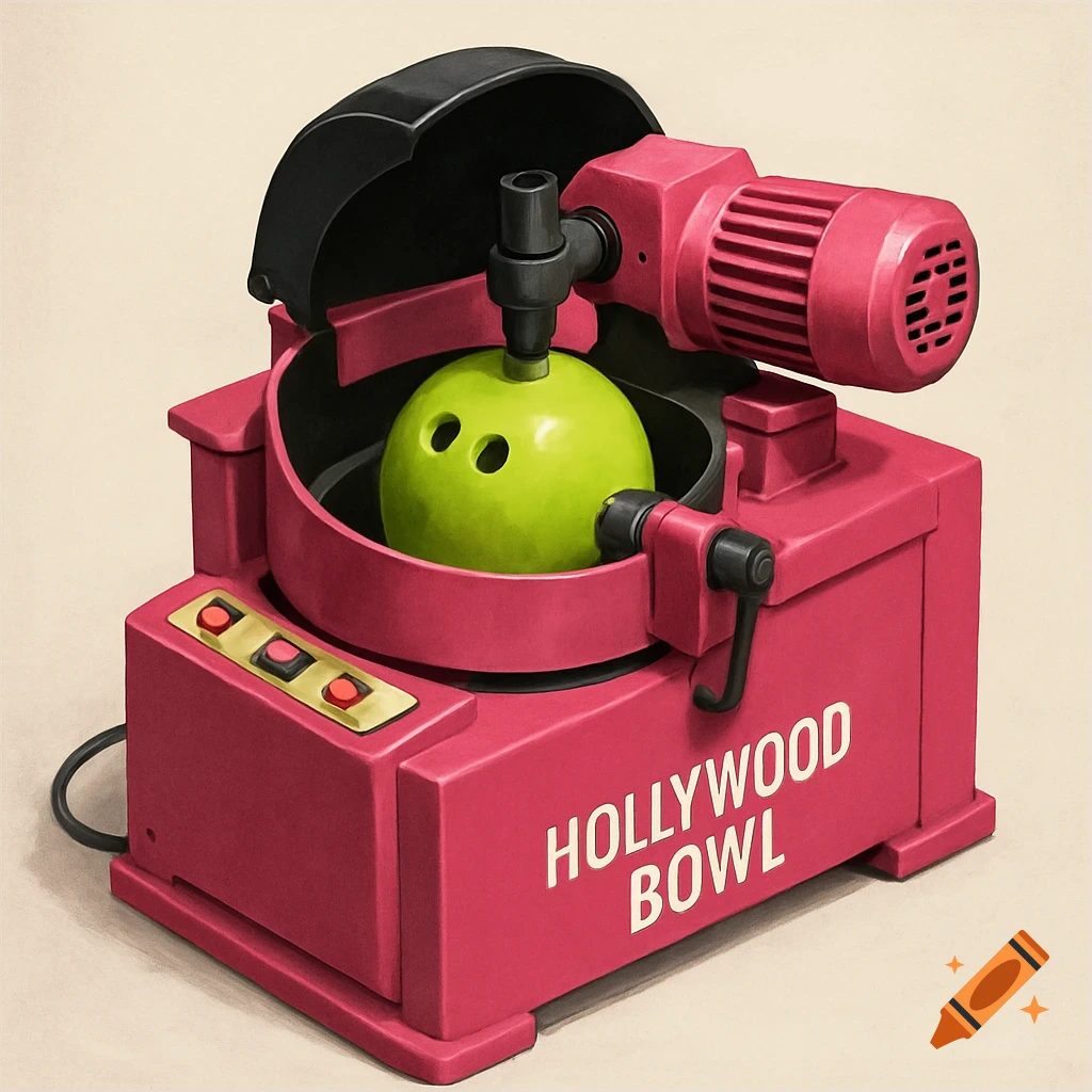 A pink bowling ball resurfacing machine with a green bowling ball inside, labeled HOLLYWOOD BOWL.