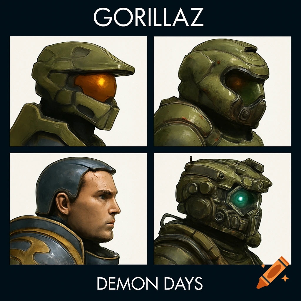 Album cover art in four panels: Master Chief helmet, Doom Slayer helmet, Lieutenant Titus, and armored character, with text 'GORILLAZ DEMON DAYS'.