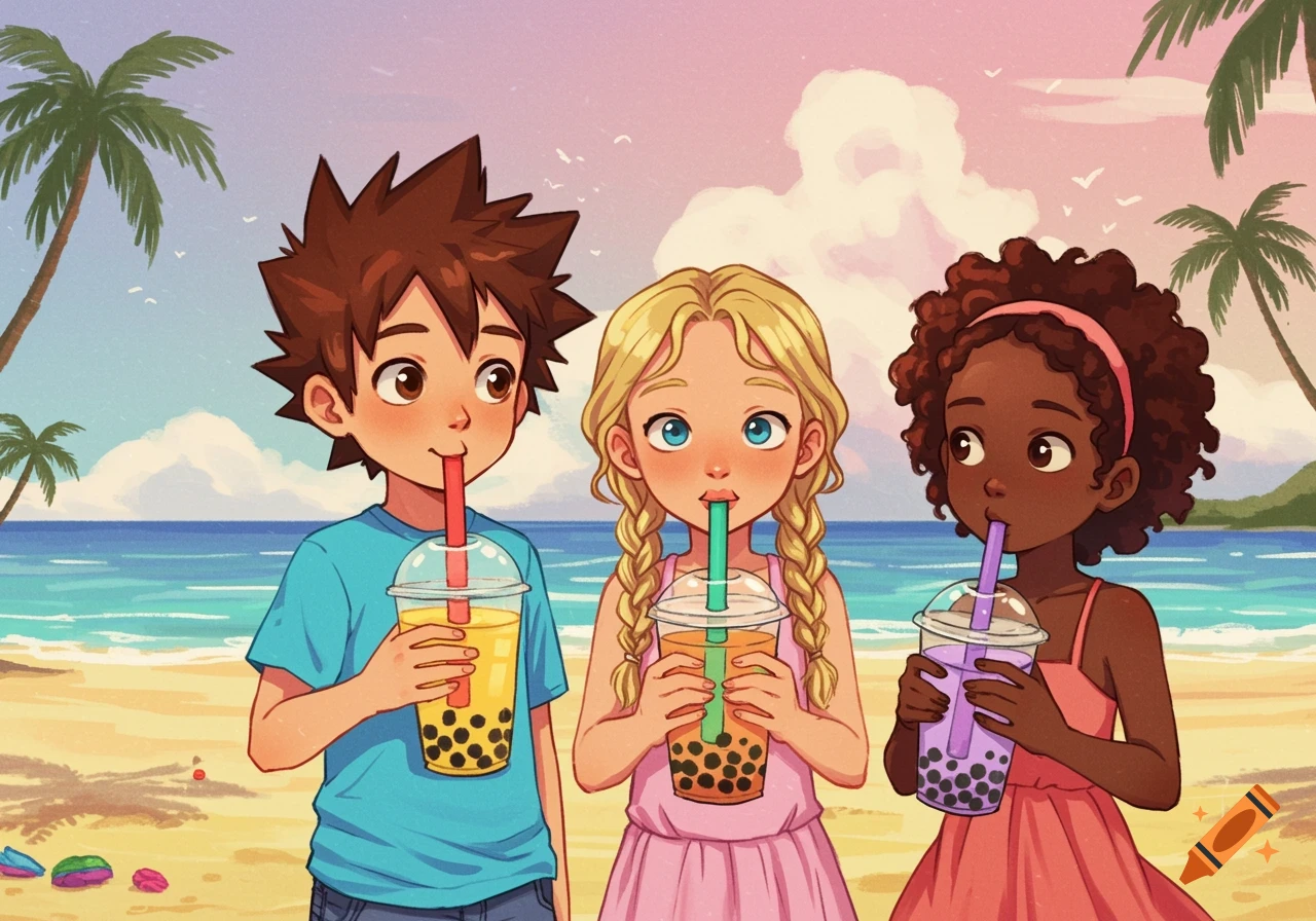 Three children drink bubble tea on a sunny beach in an anime style.