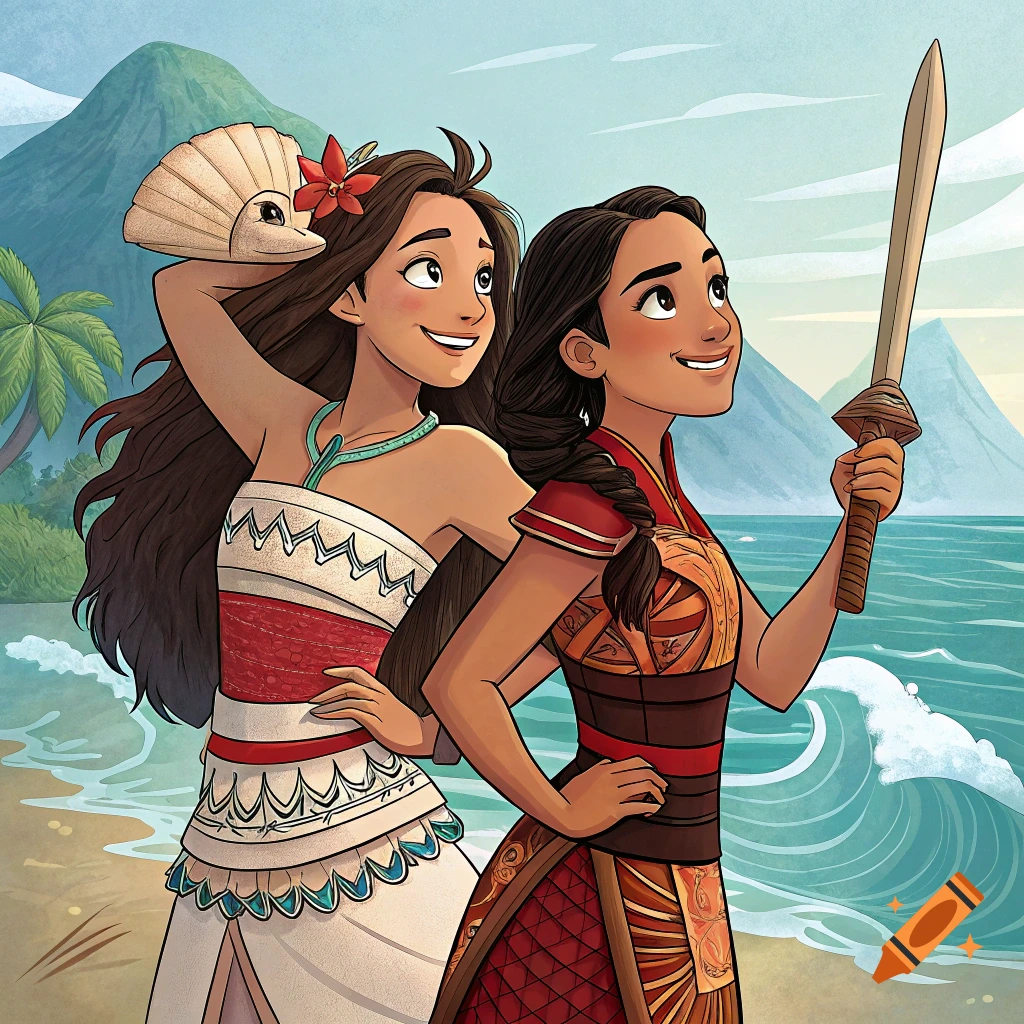 Illustration of Moana and Mulan posing as friends on a beach, Moana with a fan, Mulan with a sword.