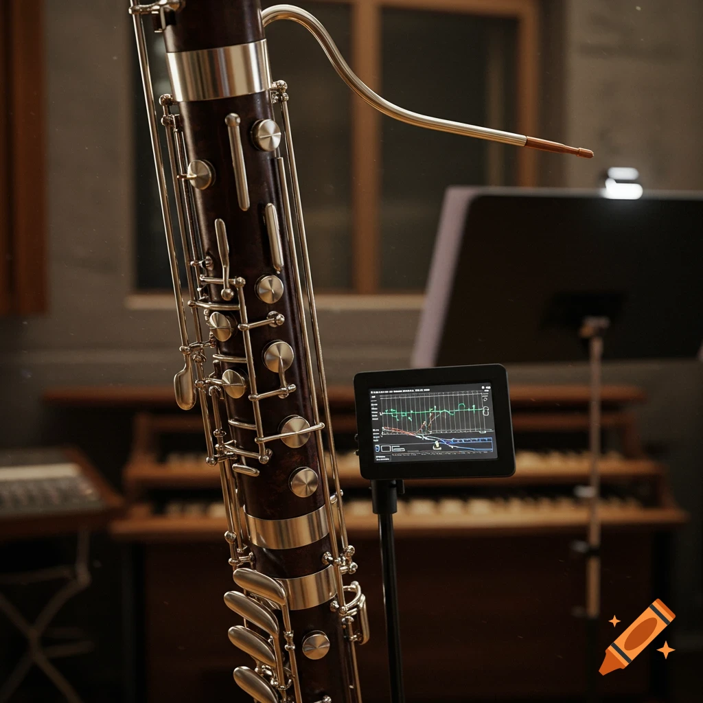 Close-up of a bassoon next to a small monitor displaying graphs in a music studio