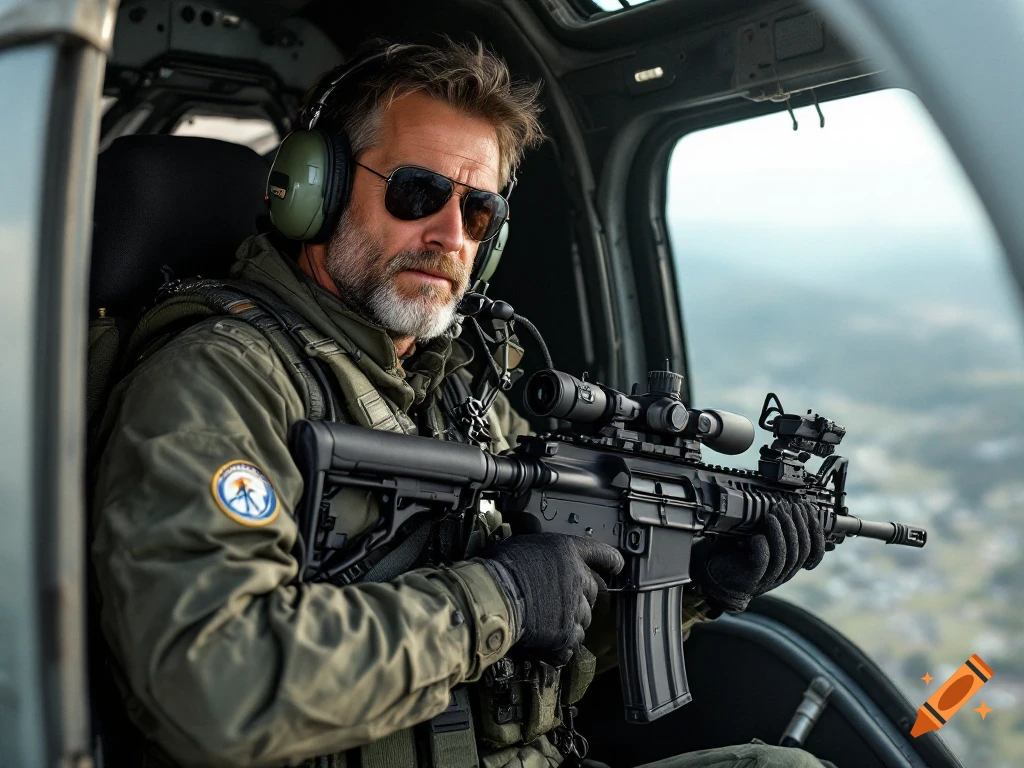Man in helicopter holding assault rifle.