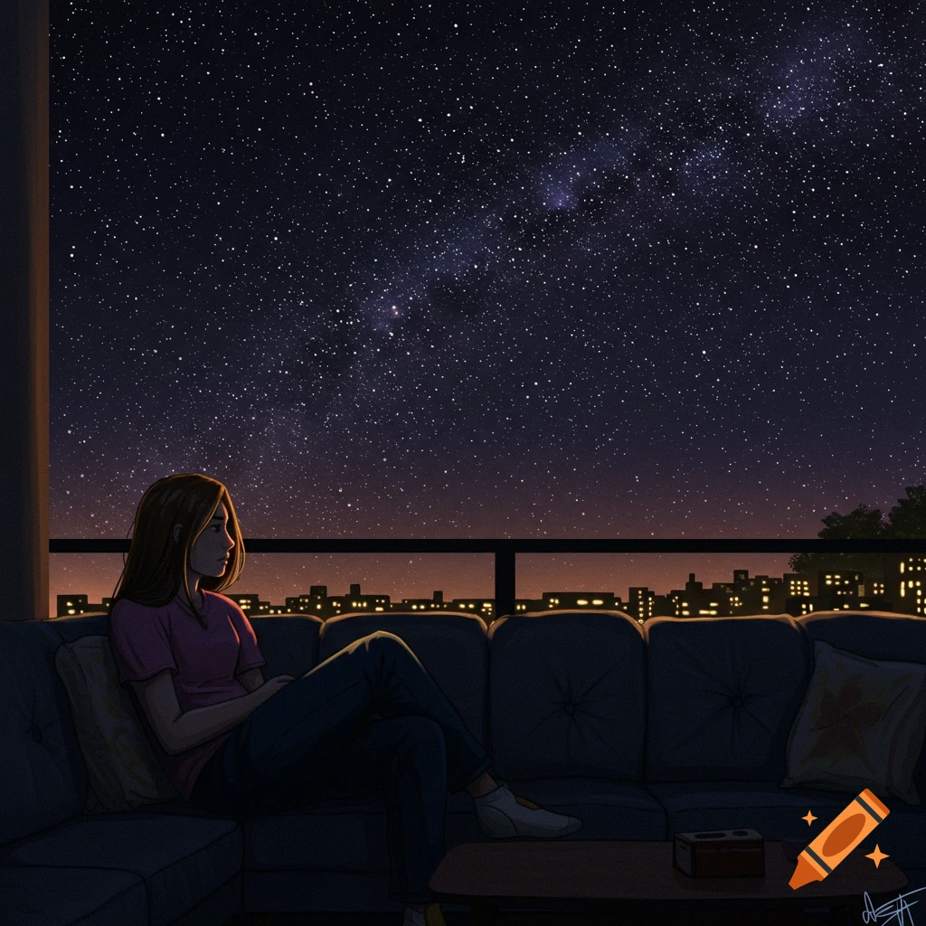 An anime-style illustration of a person sitting on a couch looking out at a starry night sky and city lights.