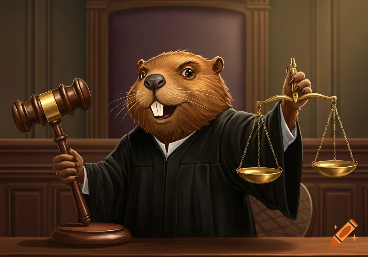 A cartoon beaver judge in a black robe holds a gavel and scales in a courtroom.