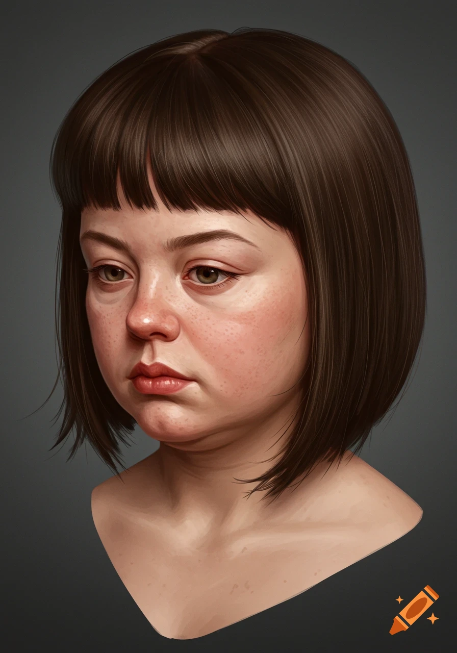 Digital painting portrait of a woman with brown bob and bangs looking down.