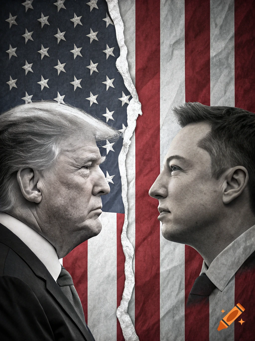 Profiles of Donald Trump and Elon Musk facing each other, superimposed on a torn American flag background.