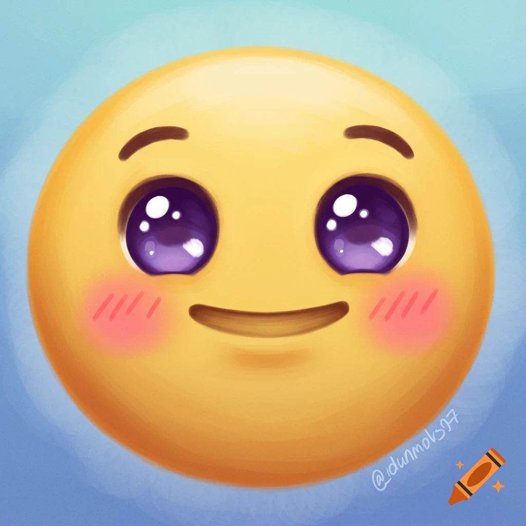 Illustration of a cute yellow emoji face with purple eyes and red blush marks on a blue background.