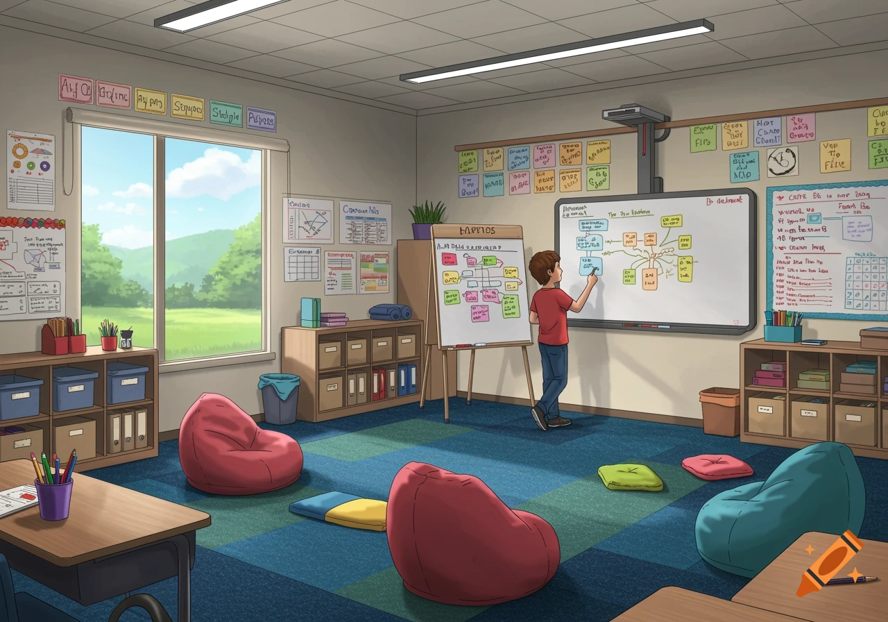 An illustrated classroom with a student writing on a whiteboard, bean bags, and visual aids.