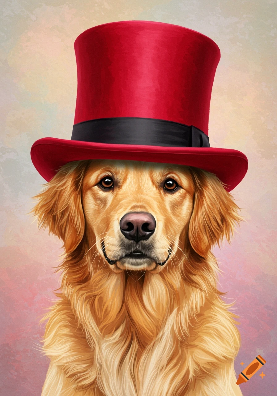 A golden retriever dog wearing a red top hat.