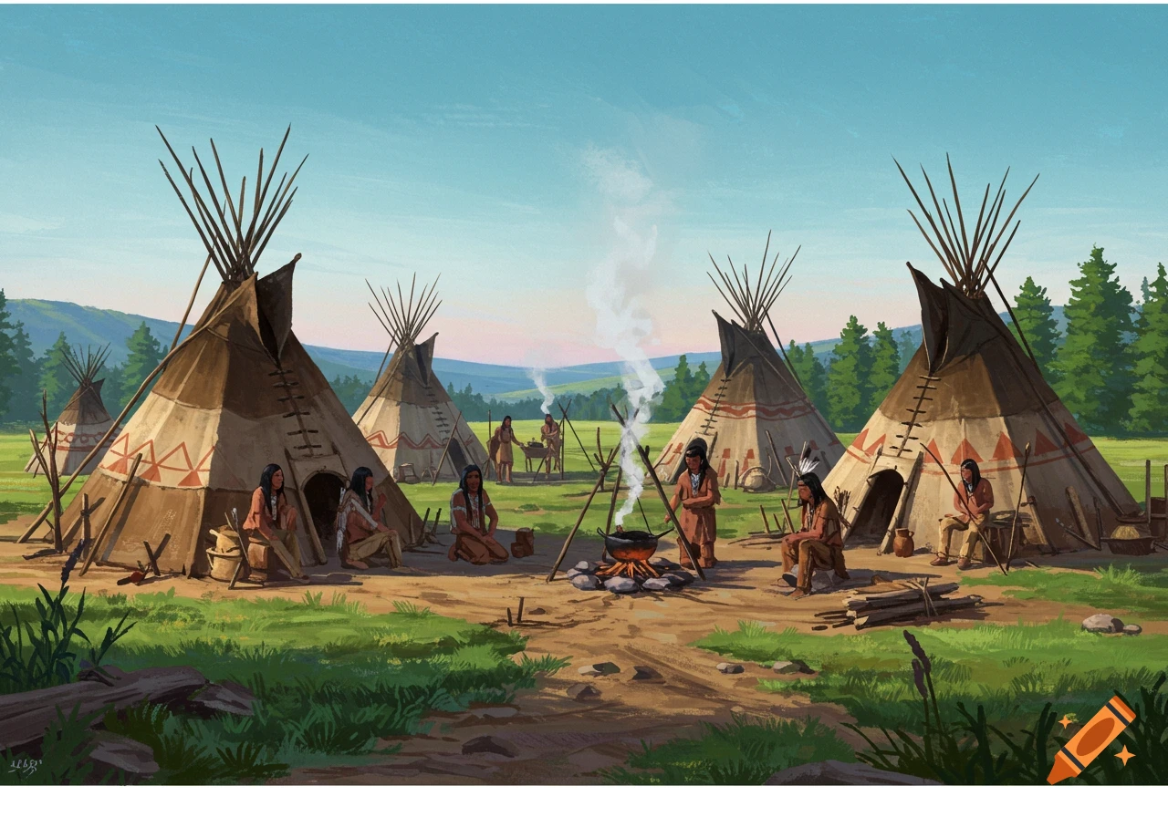 A painting of a Native American village scene with tipis, people, and fires in a grassy field.