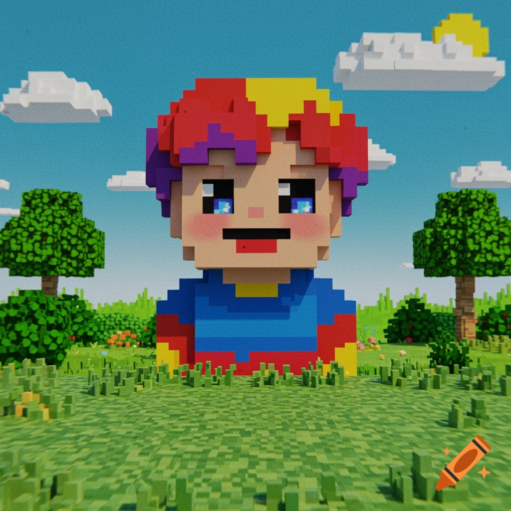 Pixel art character with colorful hair in a blocky outdoor landscape