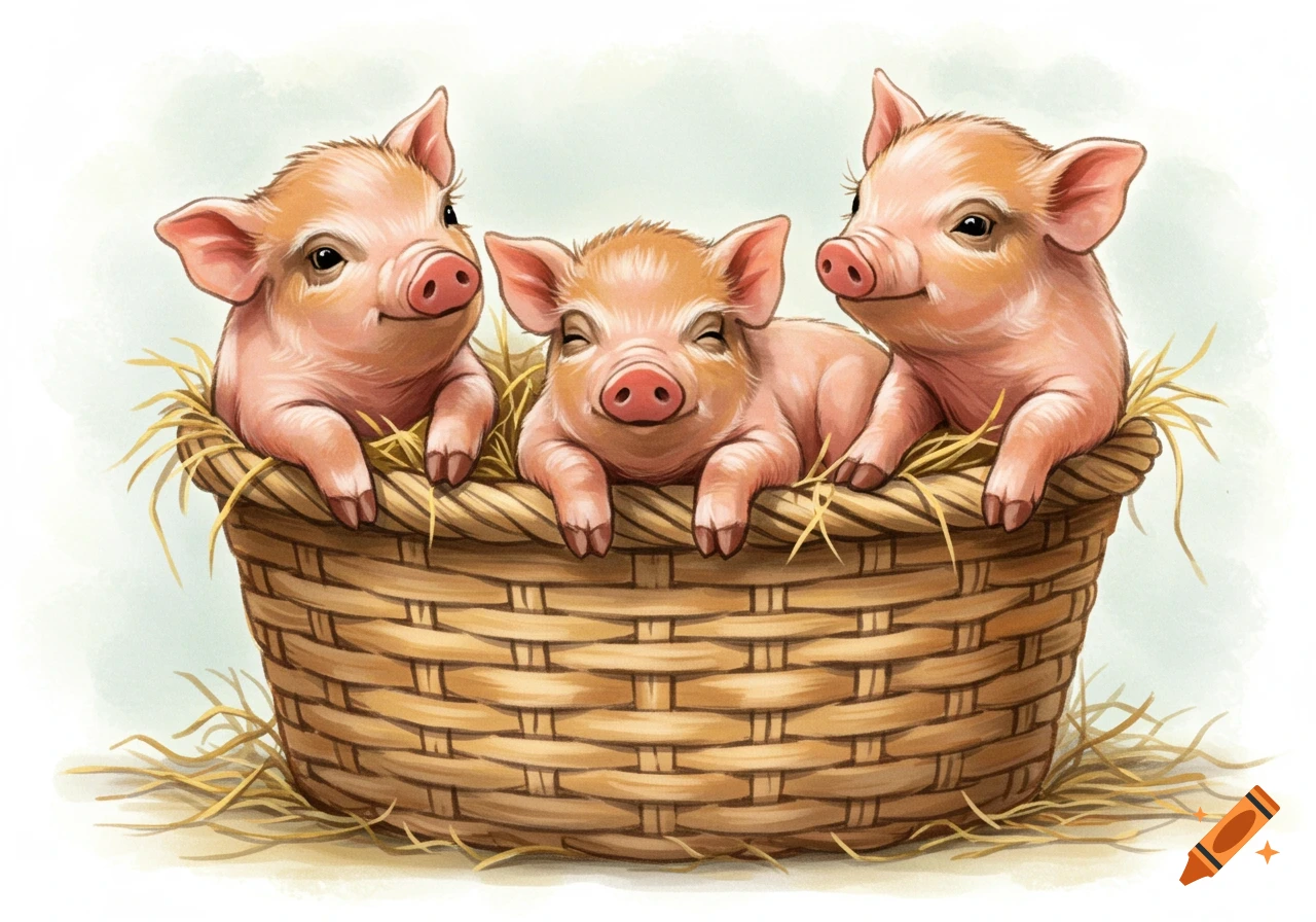 Illustration of three cute baby pigs sitting in a woven basket filled with straw.