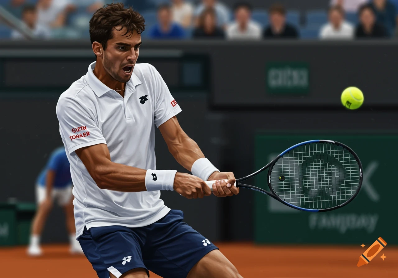 Male tennis player hitting a forehand shot on a clay court.