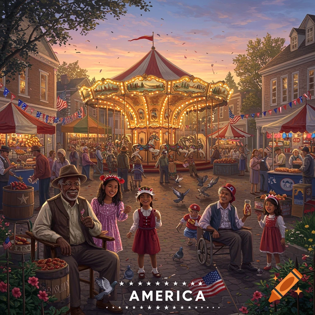 A lively American fair scene with a carousel, market stalls, and families at sunset. Text reads AMERICA at the bottom.