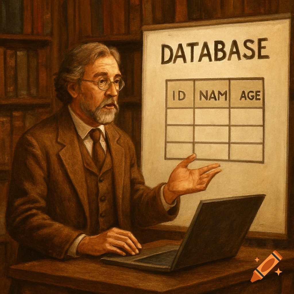 A realistic painting of an older man in a suit teaching about a database, pointing at a whiteboard with columns for ID, NAM, and AGE. He is seated at a desk with a laptop in front of bookshelves.