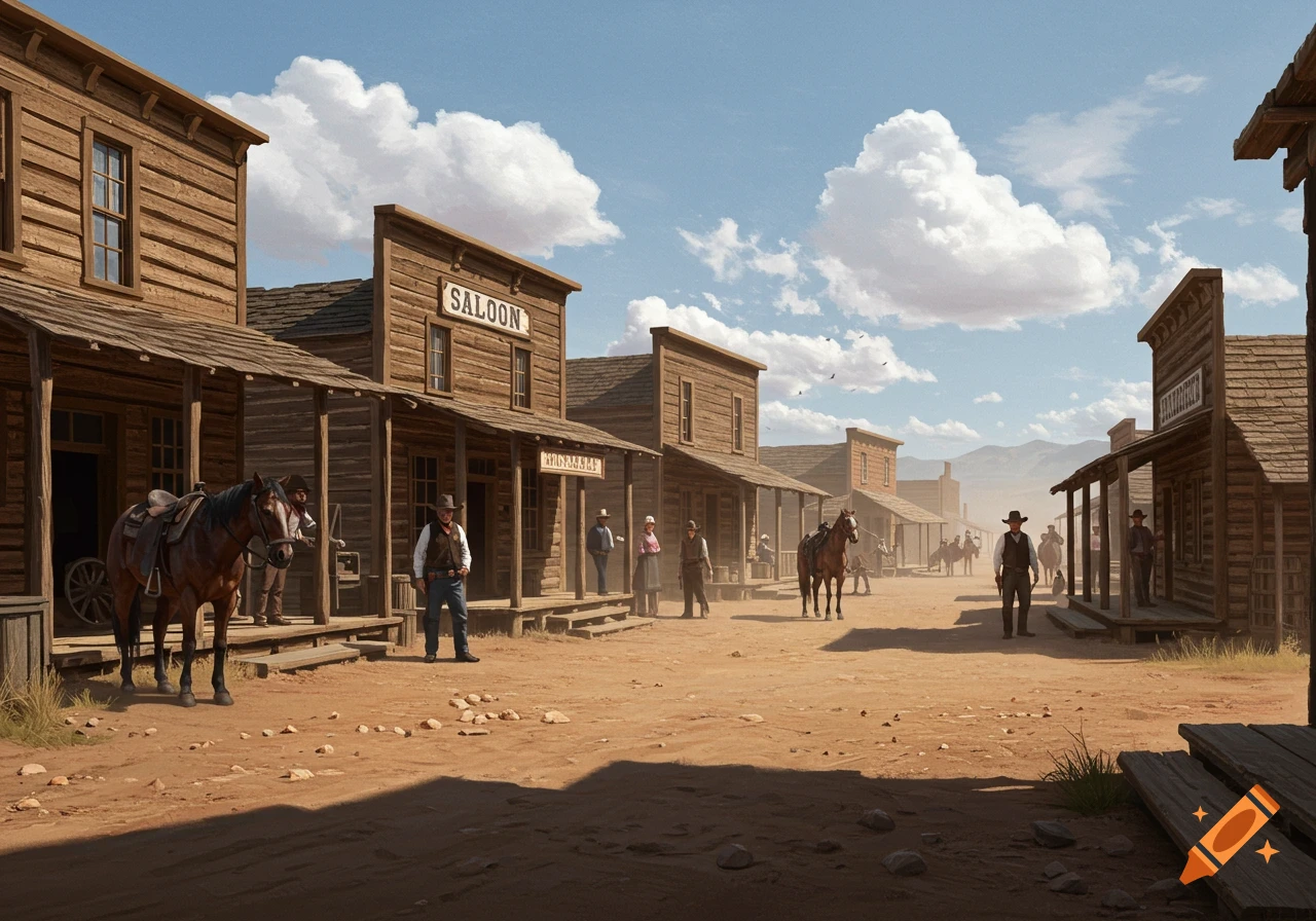 Old West street scene with wooden buildings, people, and horses under a cloudy sky.