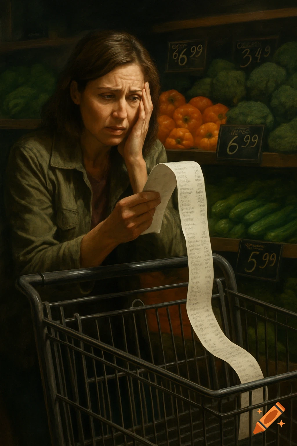 Worried woman looks at a long receipt in a grocery store.