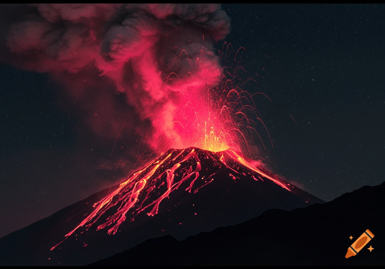 Volcano erupting with red and pink lava and smoke against a dark night sky with stars.