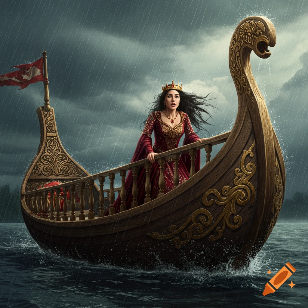 A queen stands on a large ornate boat in a stormy sea during heavy rain.