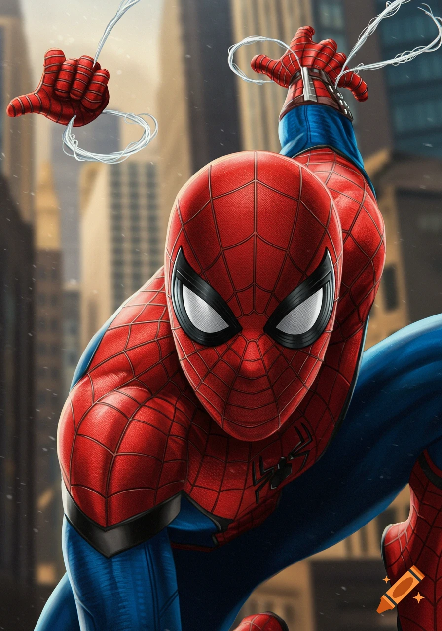 Close-up illustration of Spider-Man in his red and blue suit, swinging with webs in front of blurred city buildings.