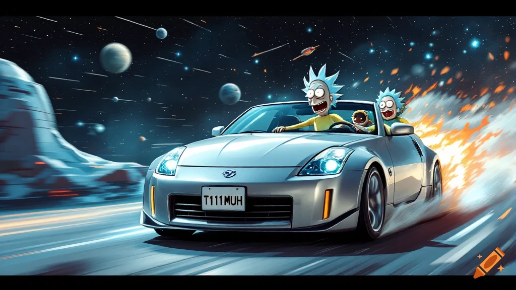 Rick and Morty drive a silver 350z car through space