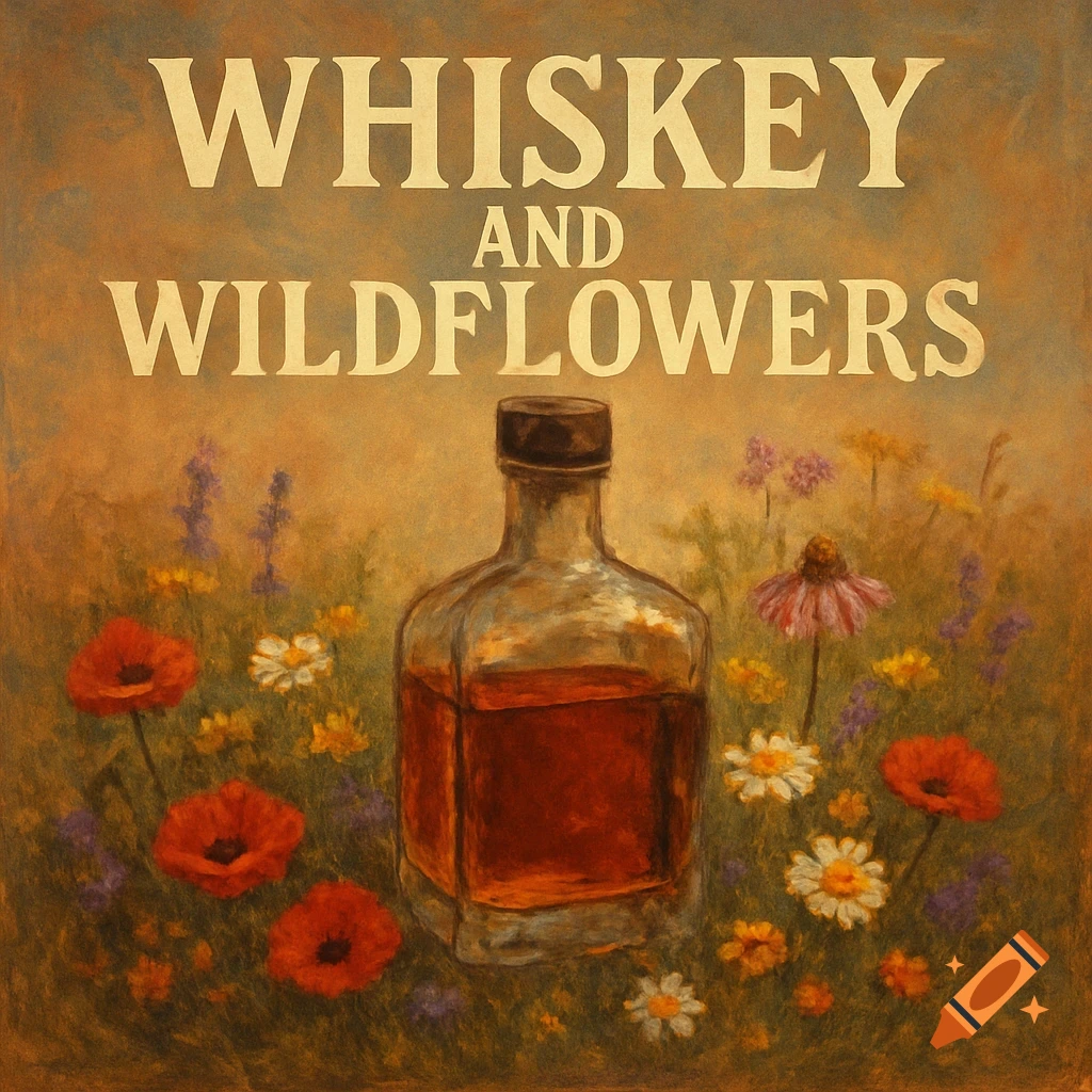 A painting of a whiskey bottle among wildflowers with the title 'Whiskey and Wildflowers'.