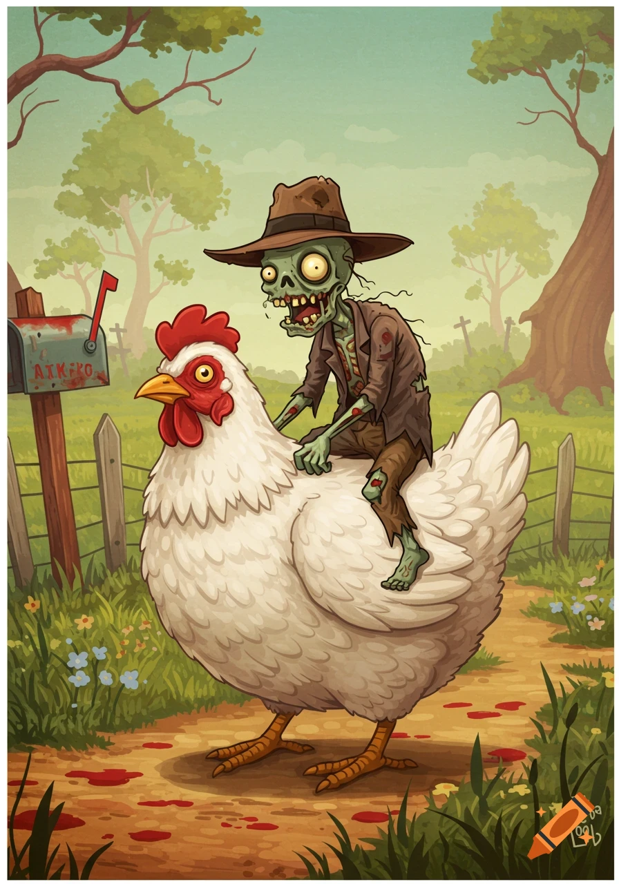 Cartoon zombie in a hat riding a giant chicken past a mailbox