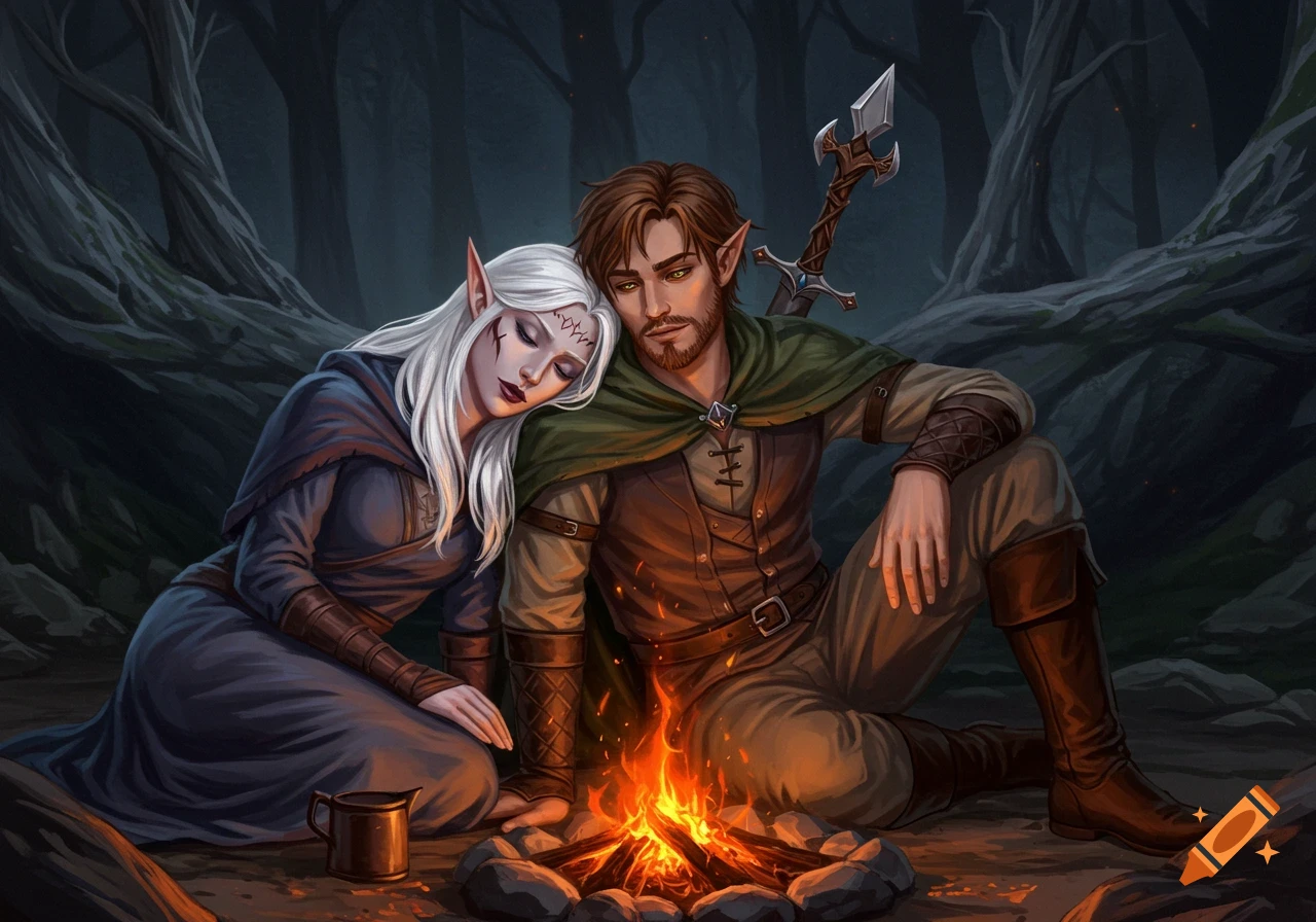 Fantasy art of two elves resting by a campfire in a dark forest, one sleeping on the other's shoulder.
