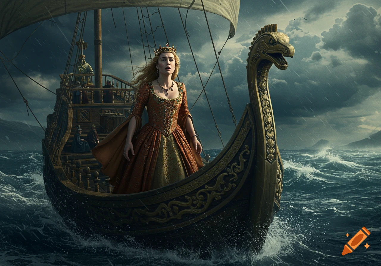 Queen on a boat in a stormy sea looks scared. Photorealistic fantasy art.