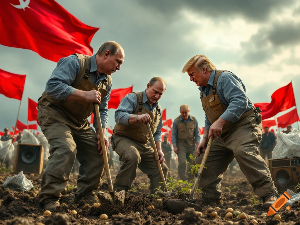 Vladimir Putin, Alexander Lukashenko, and Donald Trump dig in a field with red flags, realistic style.