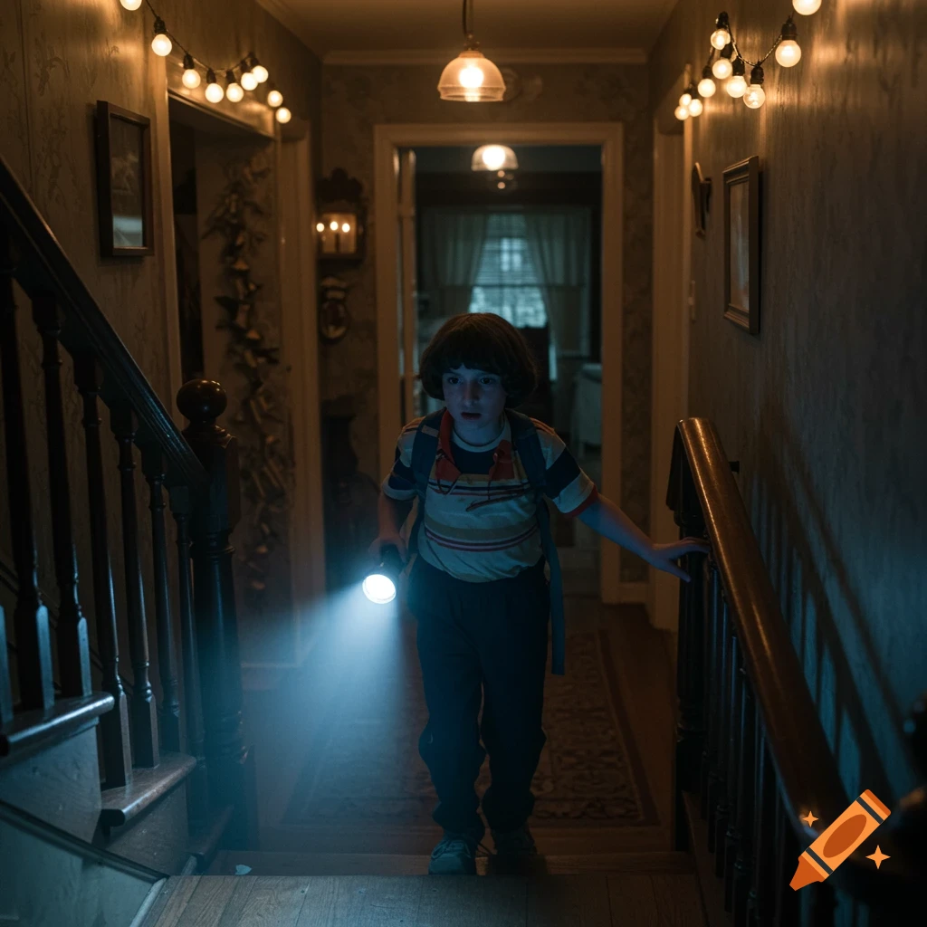 A young boy with a flashlight walks down dark stairs in a hallway.