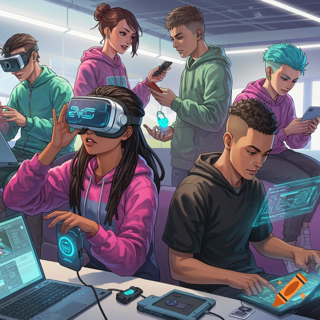 Digital illustration of young people using VR headsets, laptops, and phones