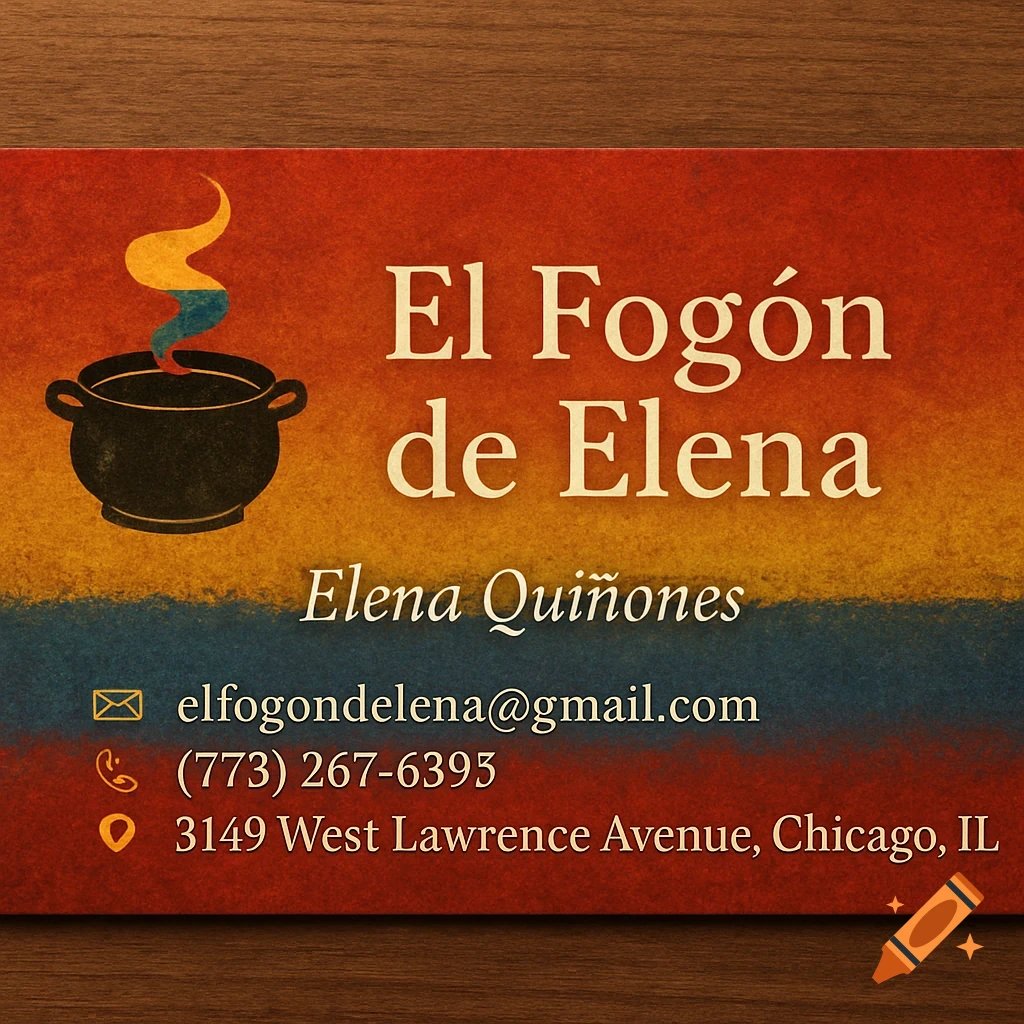 Business card for El Fogón de Elena with pot logo, name, email, phone, and address on red, yellow, and blue background.
