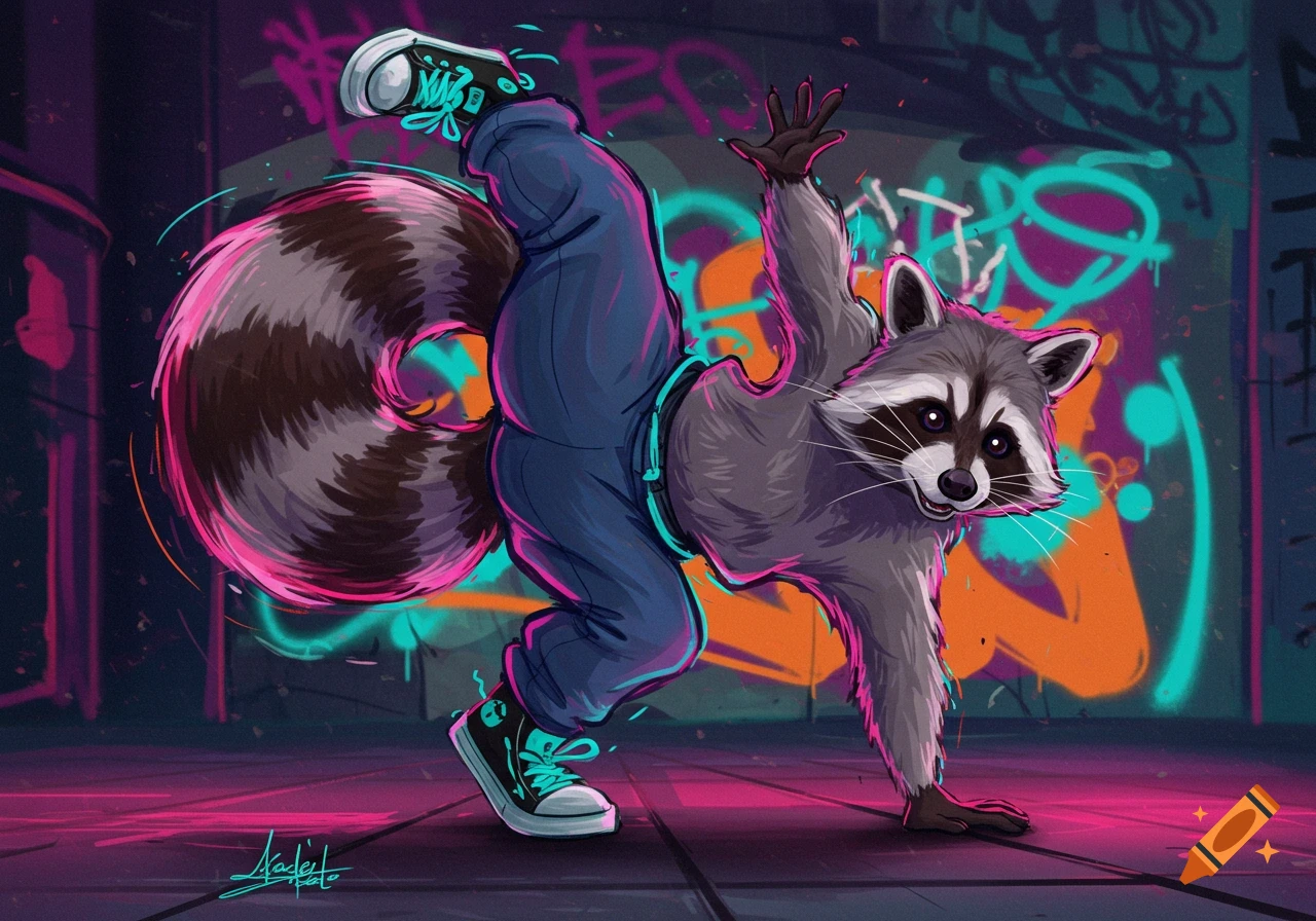 Illustrated raccoon breakdancing on a street with neon graffiti.