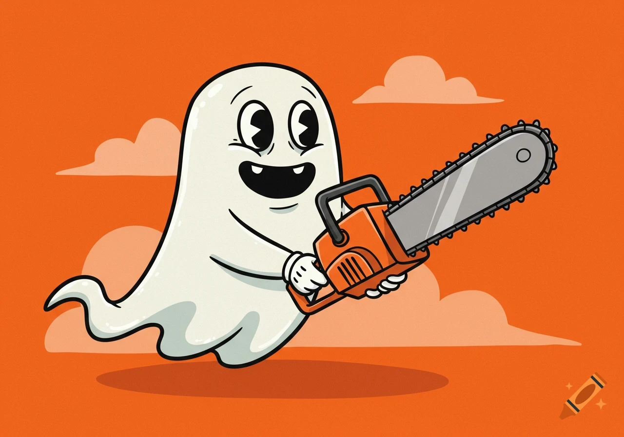 A cute cartoon ghost character holds a large chainsaw on an orange background with clouds.