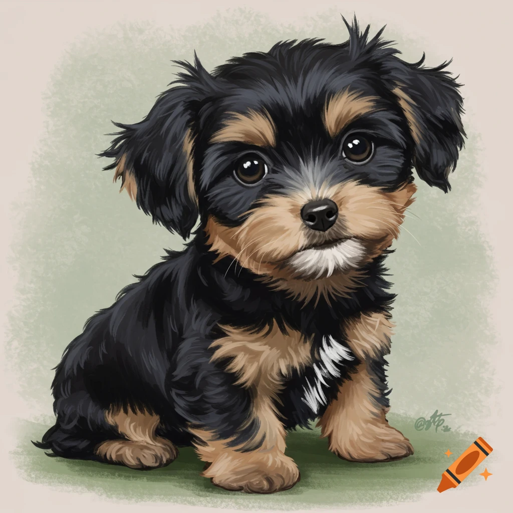 Illustration of a fluffy black and tan puppy sitting.