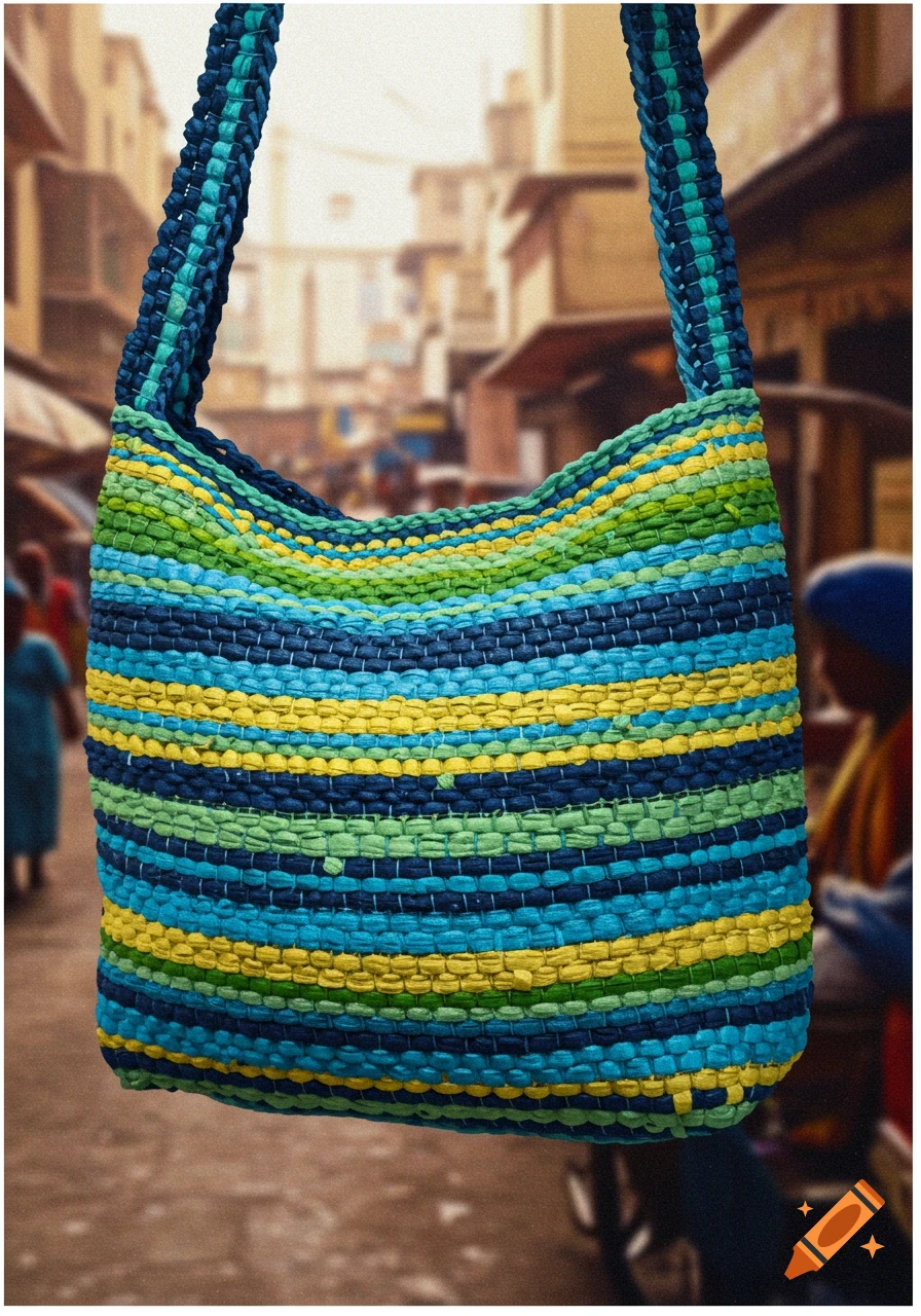 A colorful striped woven bag in blue, green, and yellow hangs over a blurred street market background.