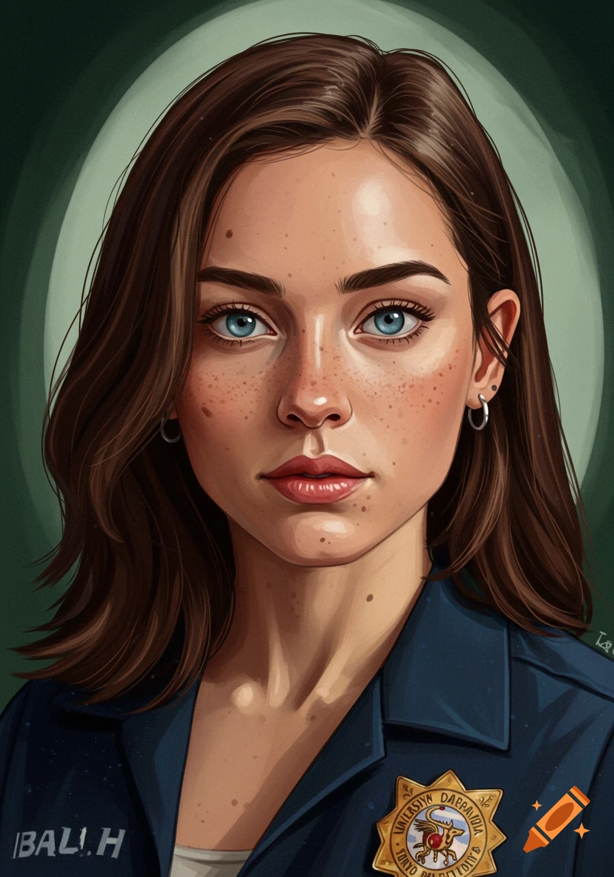 Illustration of a woman with freckles, blue eyes, and brown hair, wearing a dark uniform and badge.