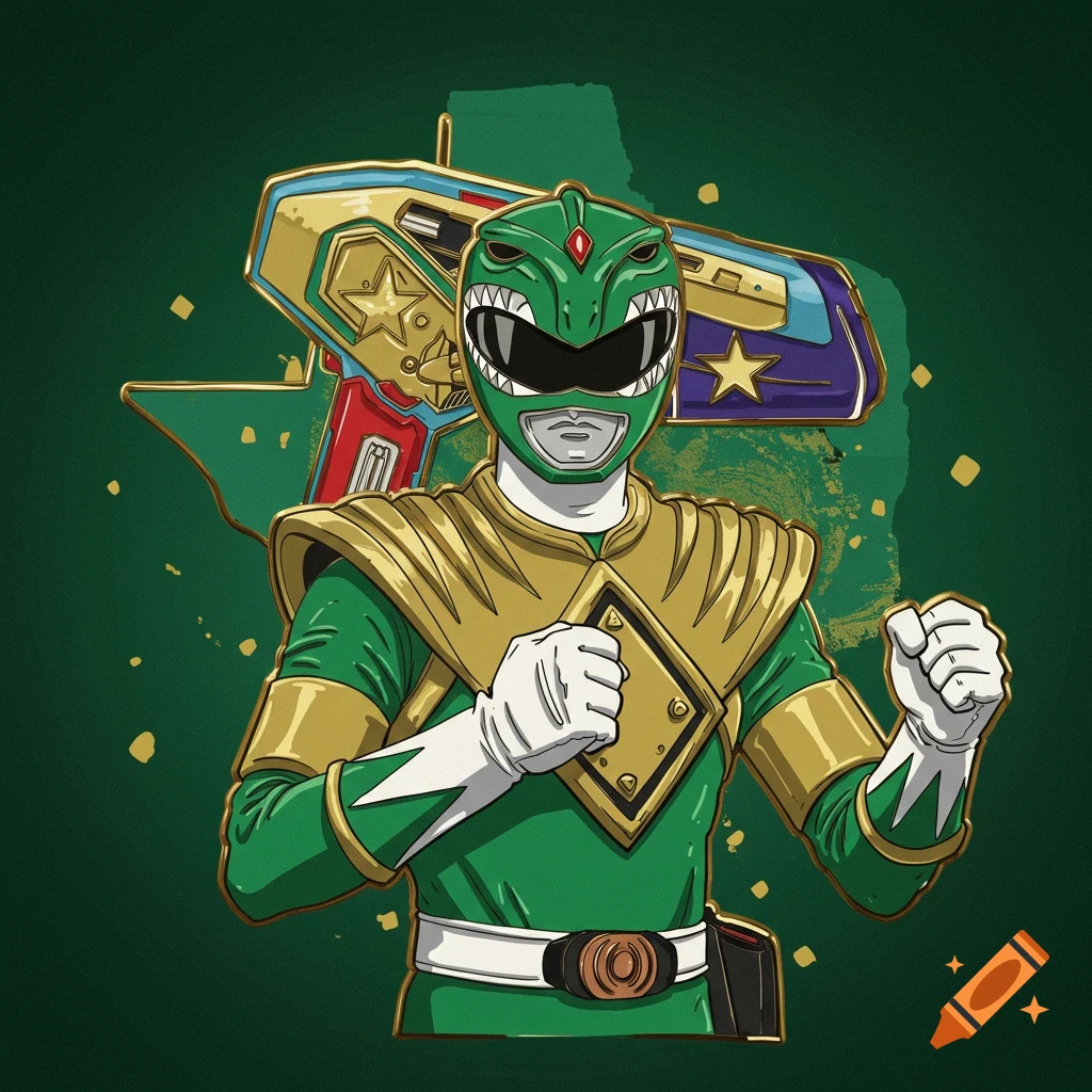 Illustration of the Green Power Ranger with a morpher in the background, styled like a pin.