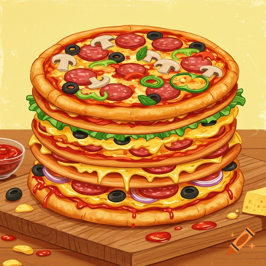 A tall stack of pizzas resembling a cake with various toppings on a cutting board, illustration style.